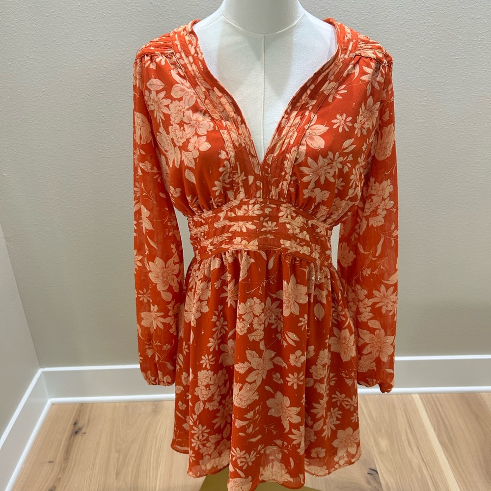 Lulu's Vibrant Orange Floral Long Sleeve Dress